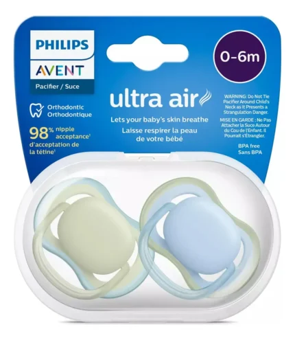 chupete philips avent ultra air color azul y verde de 0 a 6 meses x2