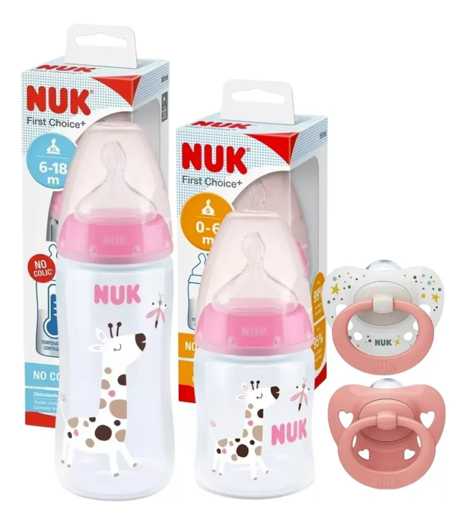 set de 2 mamaderas nuk fc 150ml y 300ml + 2 chupetes signature